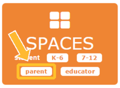 Orange Spaces home page square with an arrow highlighting the white "Parent" button.