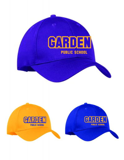 blue and yellow baseball caps with garden public school name