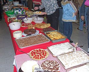 potluck food set out on table